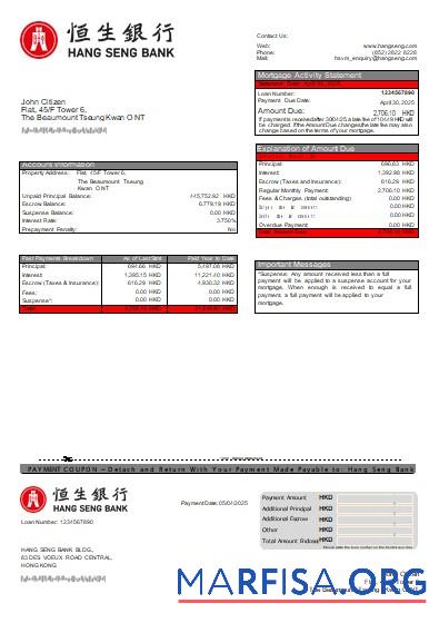 Downloadable Hong Kong Hang Seng bank mortgage statement scr download for verification